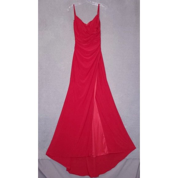 La Femme Womens Ball Gown Red Maxi Sweetheart‎ Neck Spaghetti Strap Slit 4 New - Picture 1 of 9